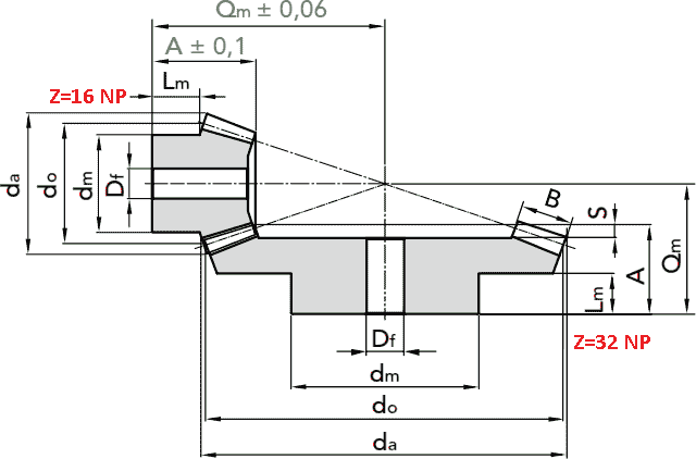 Чертеж шестерни конической модуля M2.5 1:2 Z=32 NP