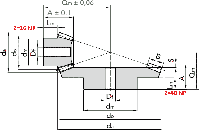 Чертеж шестерни конической модуля M4 1:3 Z=16 NP