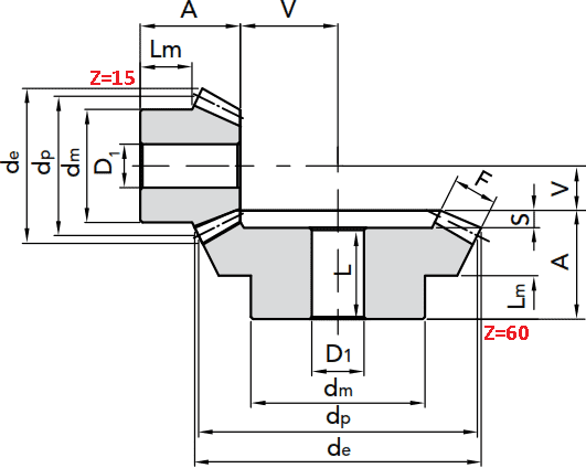 Чертеж шестерни конической модуля M2 1:4 Z=15