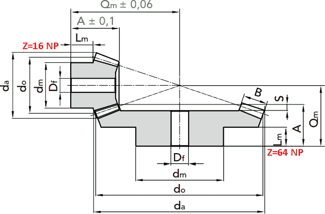 Чертеж шестерни конической модуля M3.5 1:4 Z=16 NP